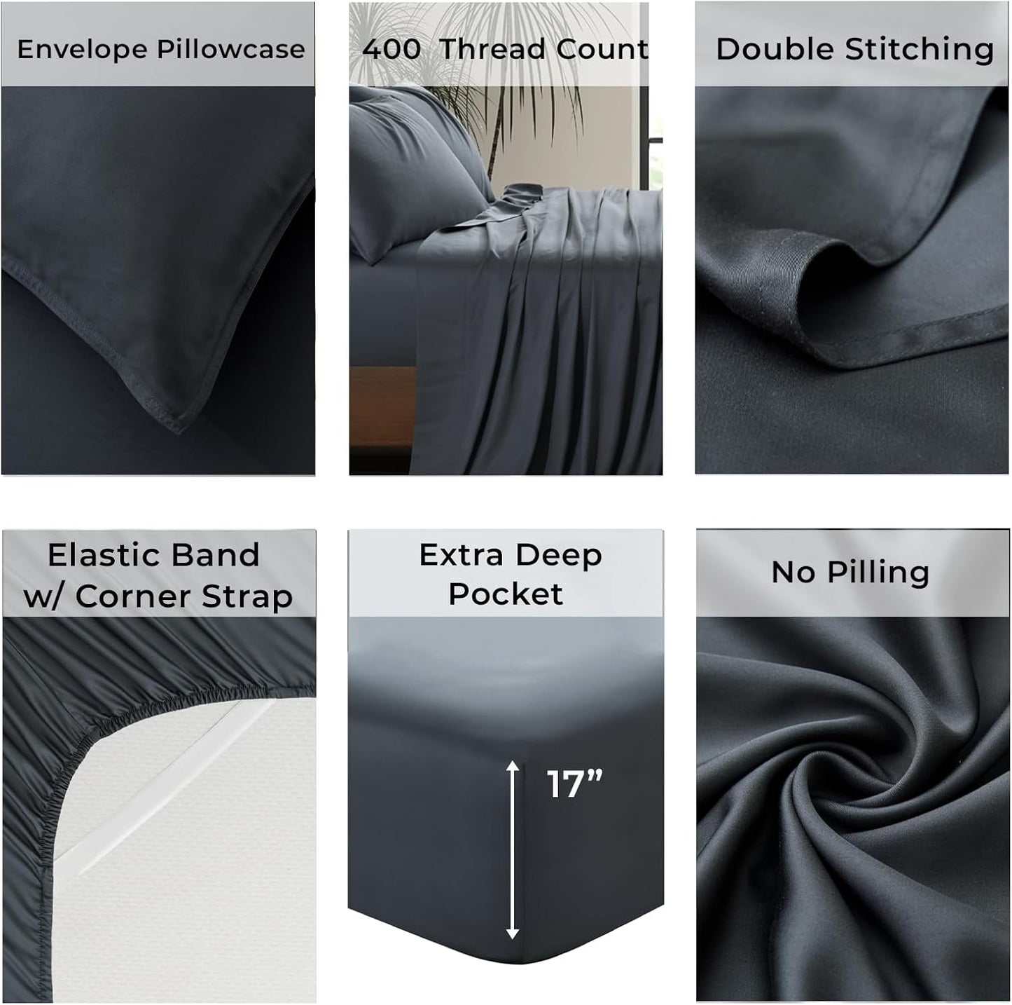 Luxury Bamboo Market | Queen Size Bed Sheet Set | 100% Viscose Made from Bamboo | Organically Grown | Ultra Soft | Cooling Sheets for Hot Sleepers | 17" Deep Pocket [Charcoal Grey]