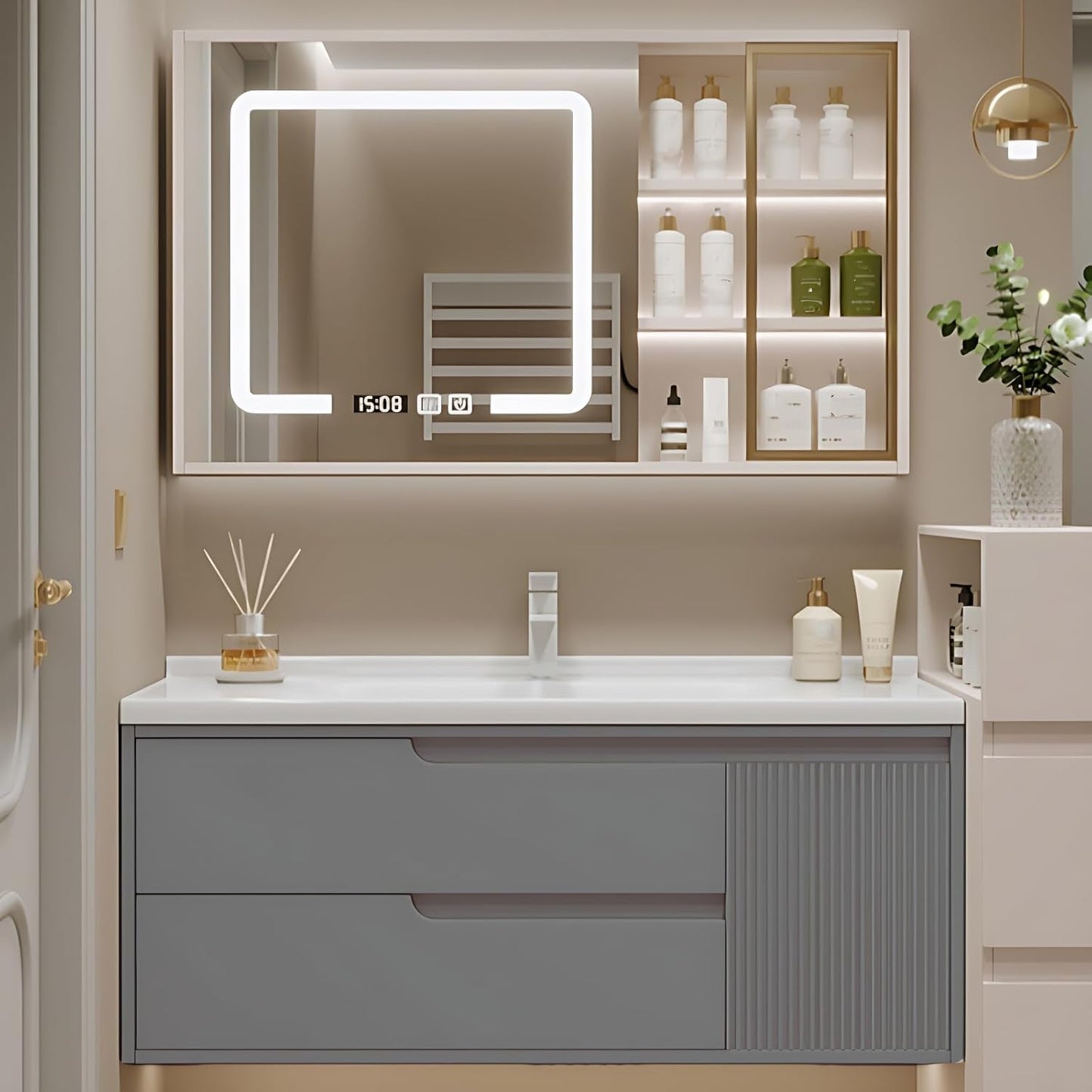 Cream Grey Sophisticated Bathroom Vanity - Bathroom Vanity with Smart Storage & Mirror Cabinet, Defogging, LED Light | Wall-Mounted Bathroom Storage Cabinet & Bathroom Vanity with Sink (Grey, 36IN)
