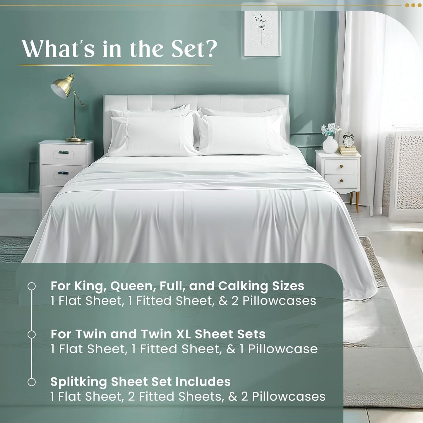 100% Egyptian Cotton Sheets King Size Sheets Set with Fully Elasticated Fitted Sheet & Pillowcase sets, 800 TC Hotel Collection Deep Pocket King Sheet Set, No Pill Soft Breathable Luxury White Bedding