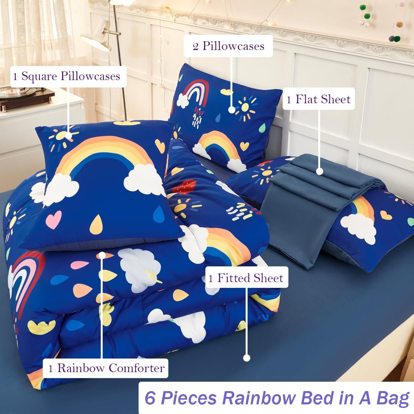 ANGIYUIN Blue Rainbow Kids Full Size Bed in A Bag with Sheets Cute Cloud and Rain Design Girls Comforter Set Soft Microfiber Bedding Set, Blue, Full