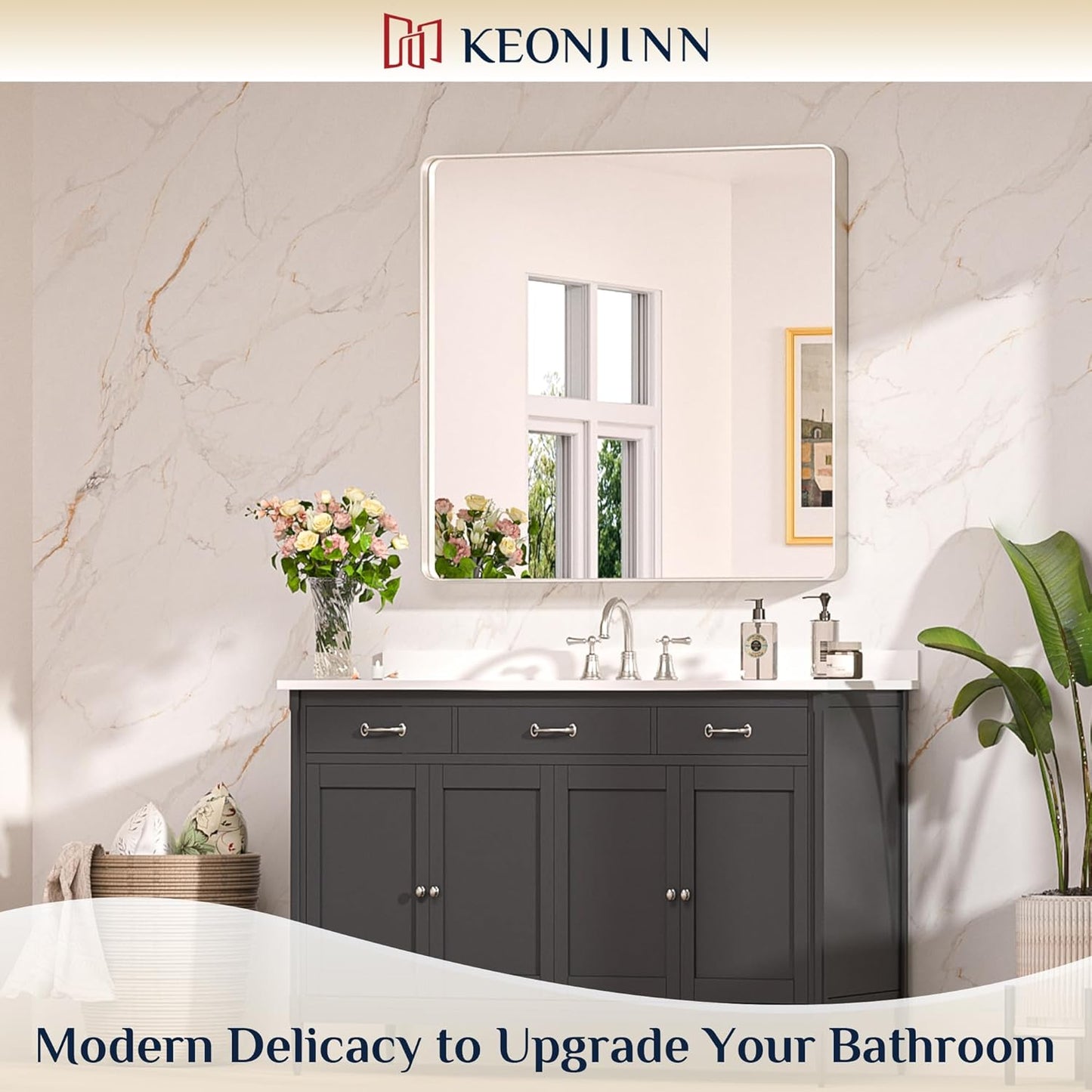 Keonjinn Brushed Nickel Wall Mirror, 36 x 36 Inch Large Square Silver Bathroom Mirrors for Over Sink, Rounded Rectangle Farmhouse Vanity Mirror, HD Tempered Glass Modern Mirror(Horizontal/Vertical)