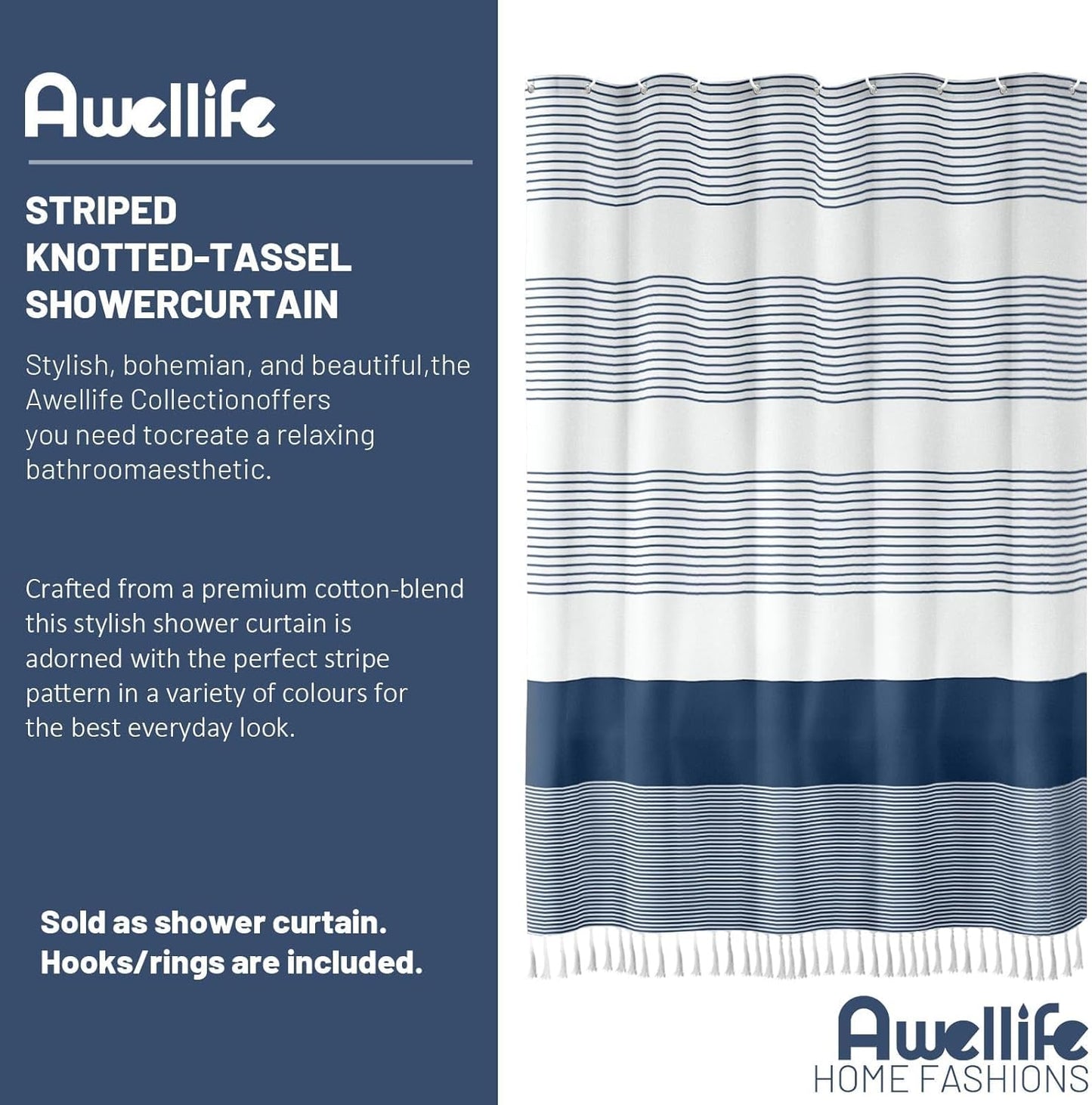 Awellife Navy Blue Shower Curtain for Bathroom Stripe Tassel Shower Curtain 84 X 72 Inches Farmhouse Cotton Wide