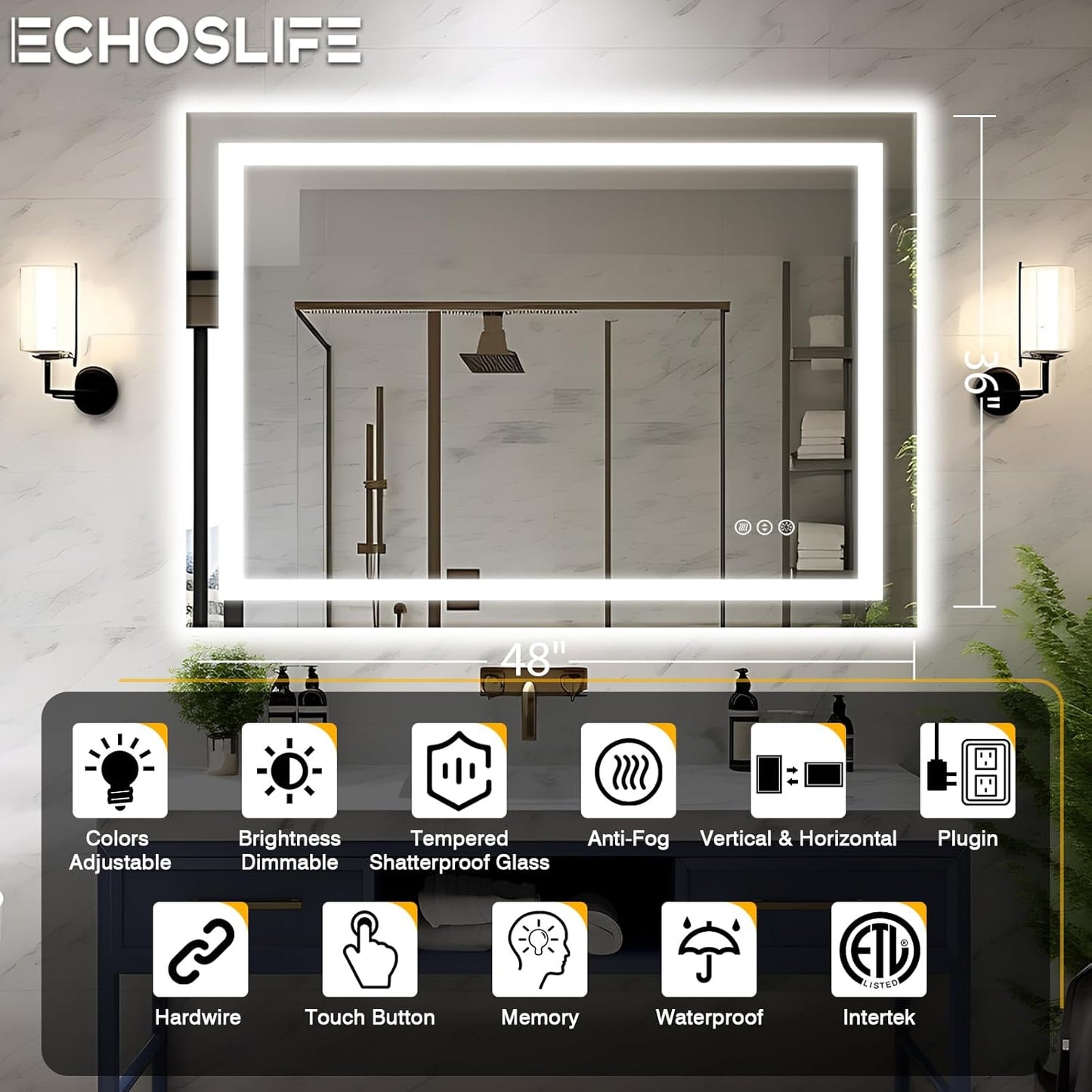 48"x36" LED Bathroom Mirrors for Wall, Front and Backlit Mirror, Anti-Fog Vanity Mirror with Lights, Stepless Dimmable Lighted Mirror, 3 Colors Smart Mirror (Horizontal/Vertical)