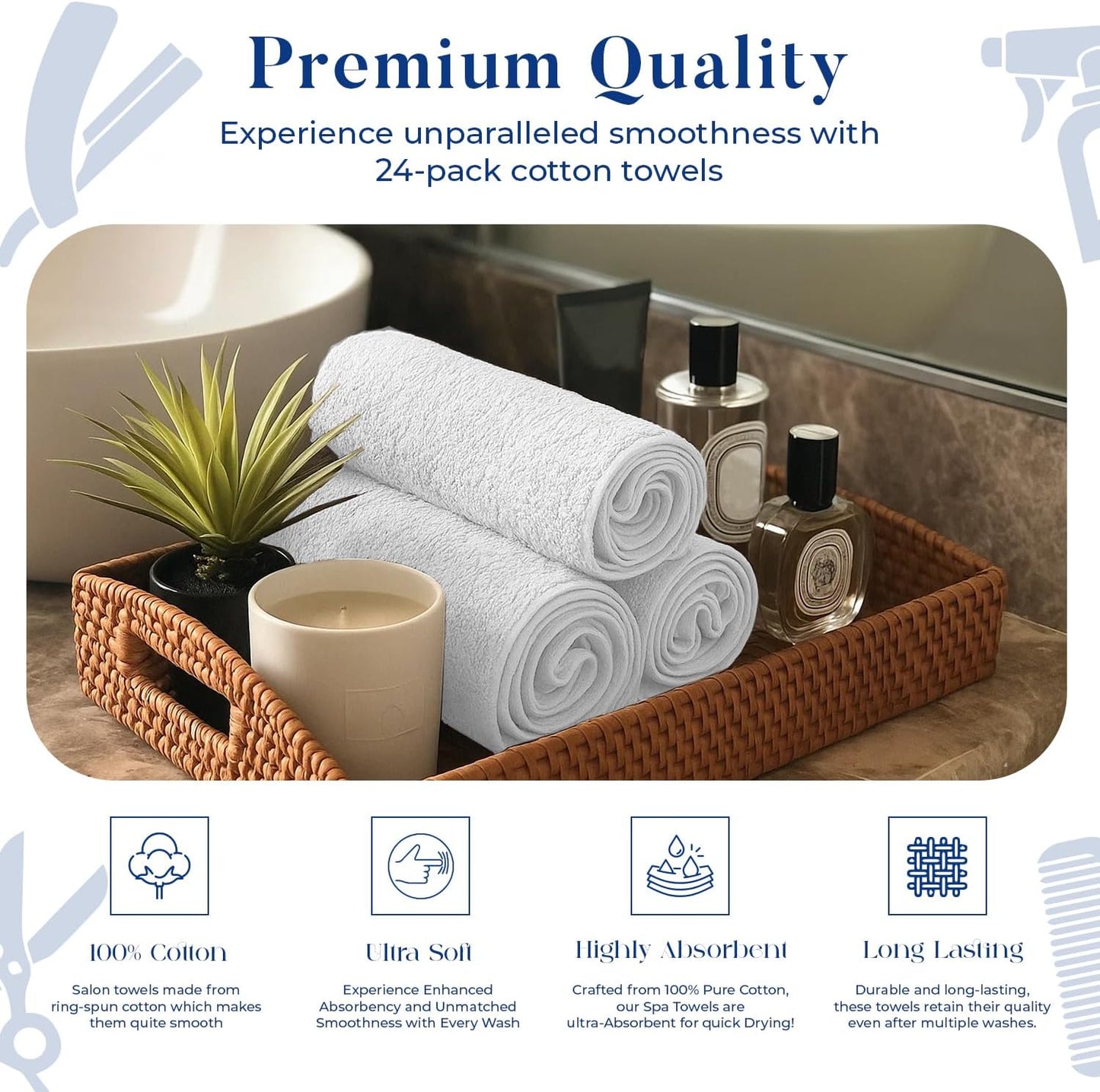 DAN RIVER 100% Cotton Salon Towels Set – 16x26 inches, Pack of 24, Highly Absorbent and Quick-Dry Towels for Hand, Salon, Spa, Beauty, Gyms and Home Hair Care, White