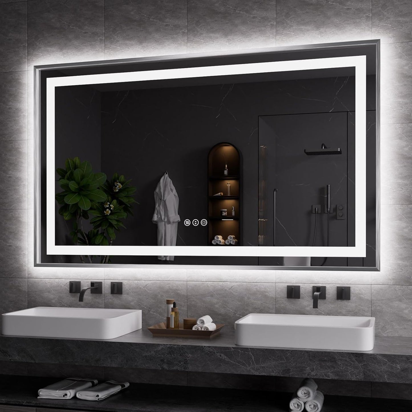 Amorho 60"X36" LED Bathroom Mirror, Brushed Nickel Framed Mirror with Front Light and Backlit, Stepless Dimmable, Anti-Fog, Shatter-Proof, Memory, 3 Colors