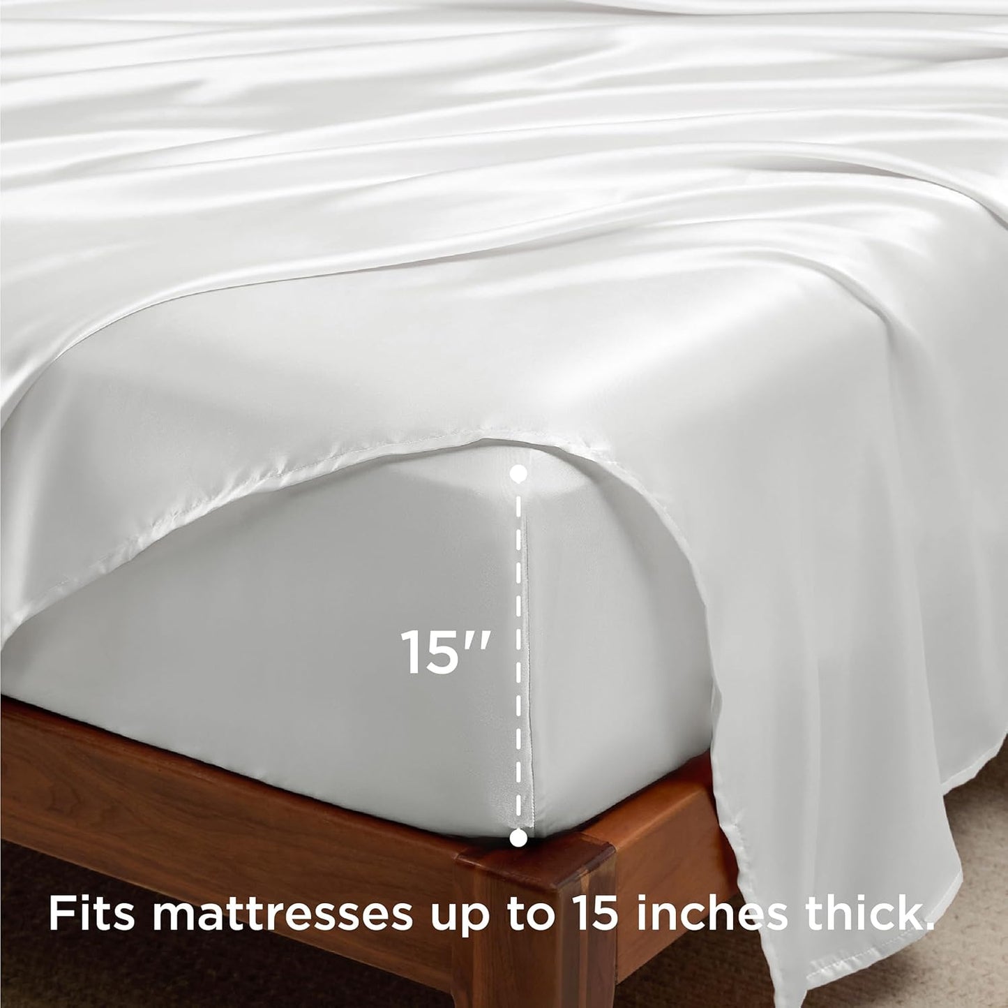 Bedsure White Satin Sheets Full Size - 4 Piece Silky Bedsheets with 15 Inches Deep Pocket Fitted Bedsheet,1 Flat Sheet, 2 Satin Pillowcases, Good for Hair & Skin (Full, White)