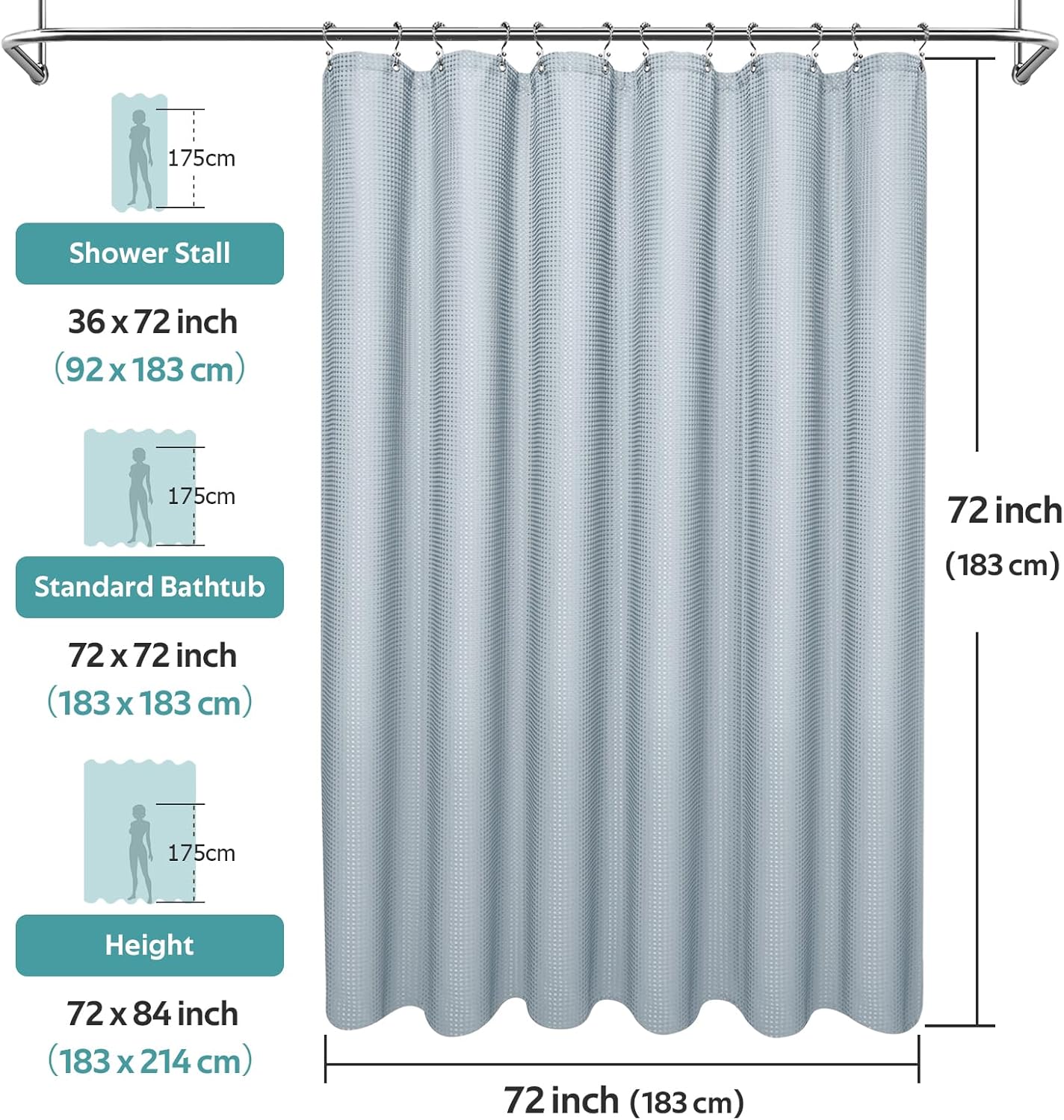 3 in 1 Shower Curtain Set, Waffle Shower Curtain and Liner Set with 12 Double Sided Shower Curtain Hooks, 258GSM Luxury Weighted Cloth Shower Curtains for Bathroom, 72 W x 72 H, Fog Blue