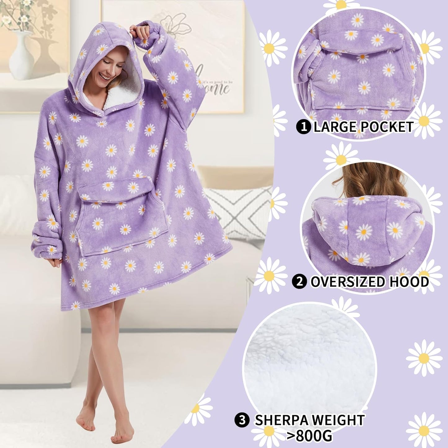 Wearable Blanket Hoodie for Adult,Oversized Sherpa Fleece Blanket Hoodie for Women Men,Daisy
