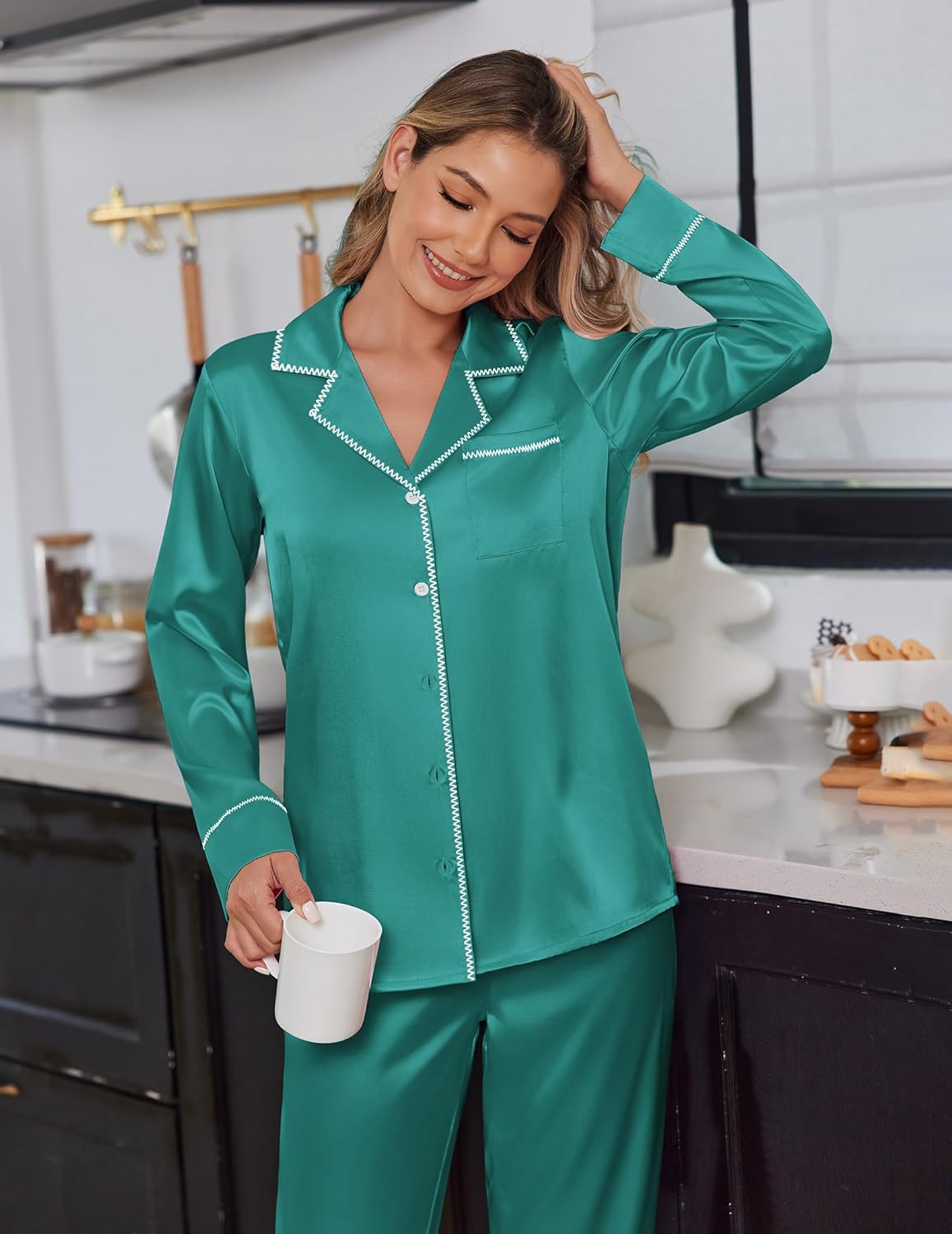 Ekouaer Satin Pajama Set for Women Silky Sleepwear Long Sleeve Top and Pants Button Down Pjs Lounge Set