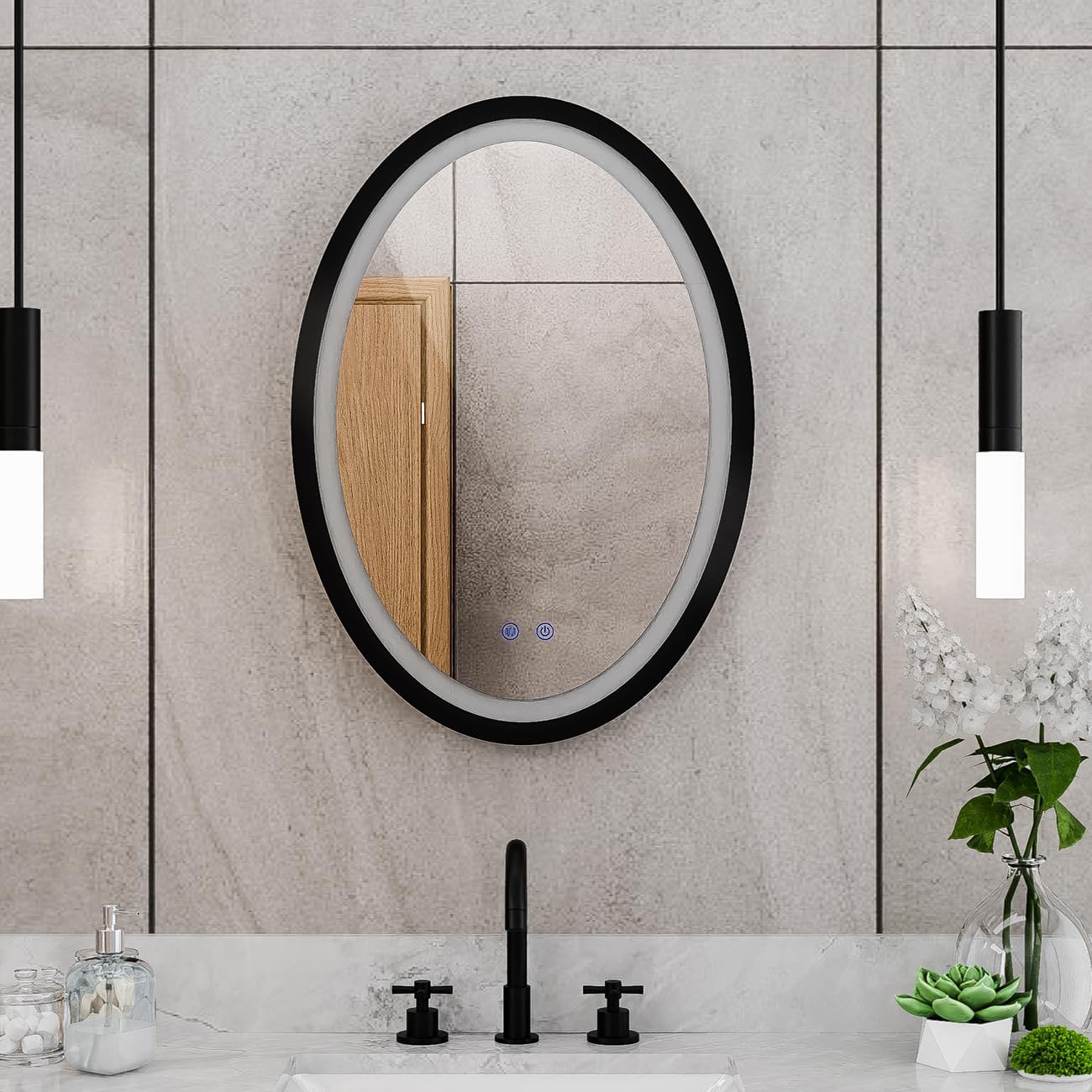 DreamLine Brilliance 28 in. H x 20 in. W Oval Light-up Mirror, Matte Black