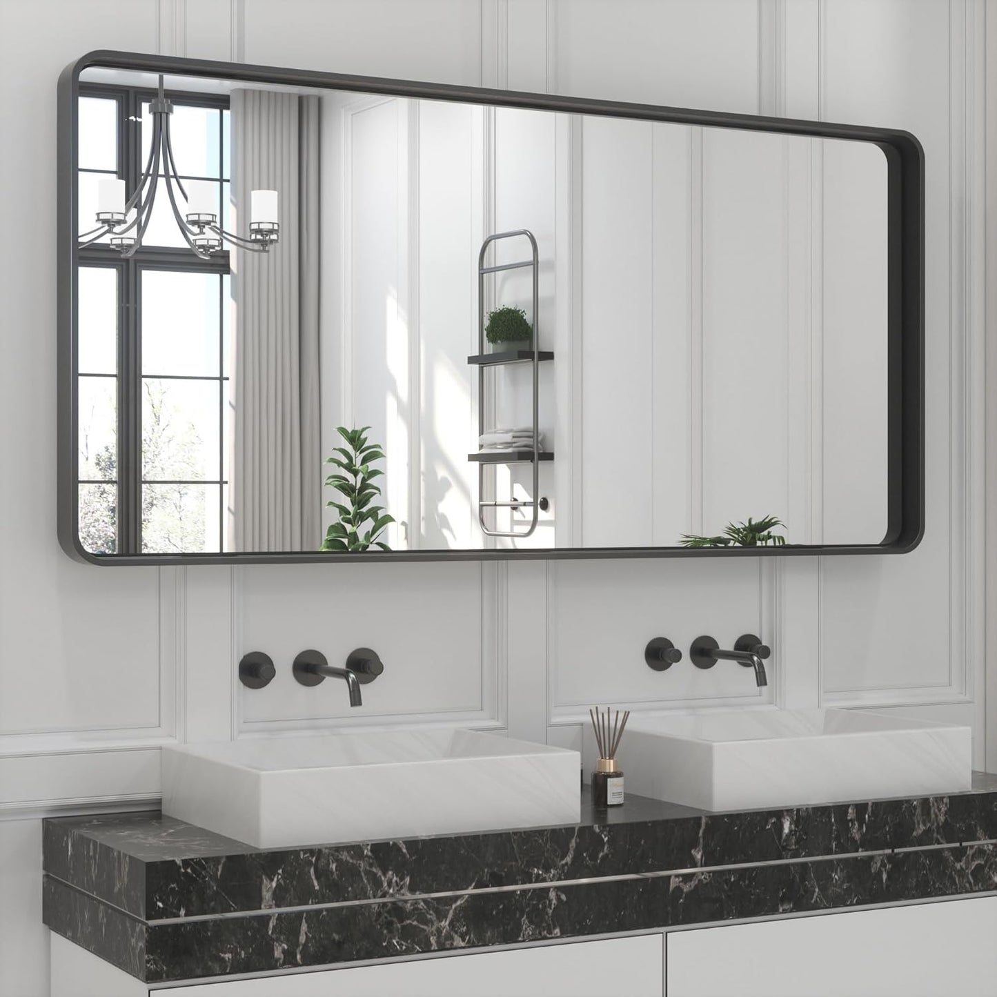 TETOTE 48 x 24 Inch Black Frame Mirror, Bathroom Vanity Mirror for Wall, Modern Rectangle Round Corner Matte Framed Mirror (Horizontal/Vertical)