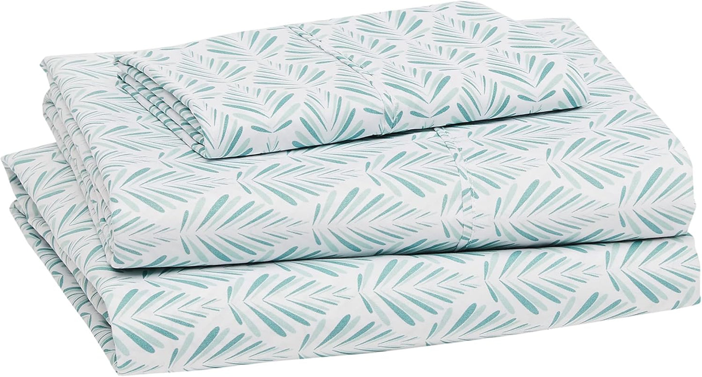 Amazon Basics Lightweight Super Soft Easy Care Wrinkle Free Microfiber 3 Piece Bed Sheet Set with 14-Inch Deep Pockets, Twin, Aqua Fern, Floral, Kids, Men & Women Bedding