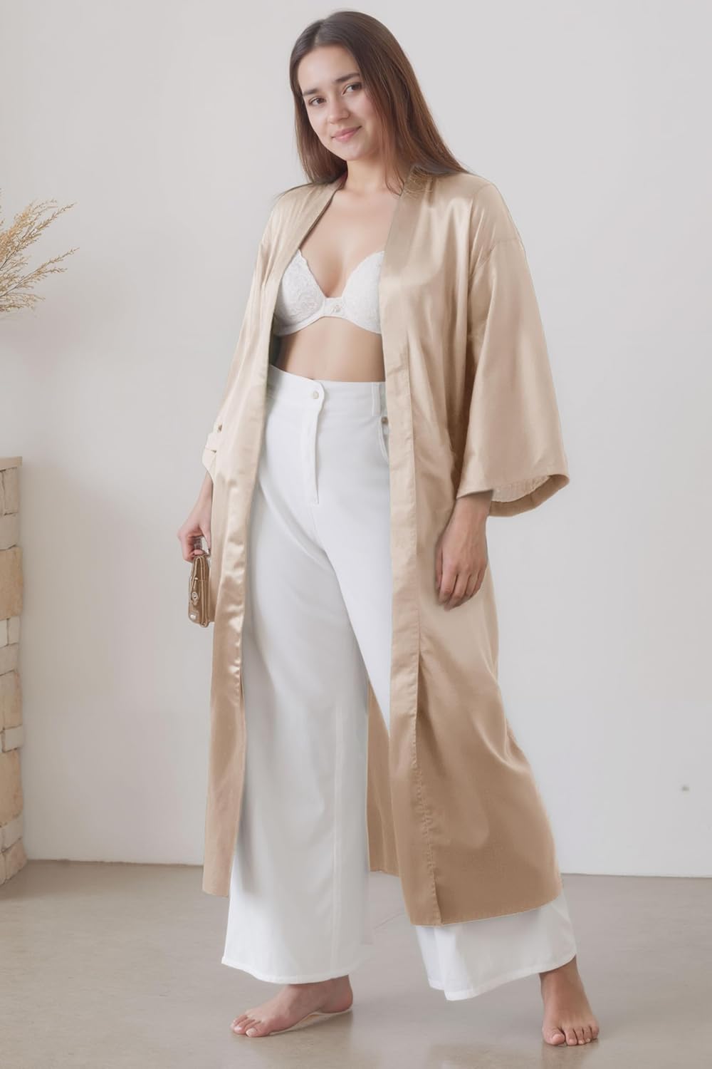 PRODESIGN Satin Kimono Robe Women Long Silky Kimono Bathrobe Sleepwear Wedding Bridesmaid Robe
