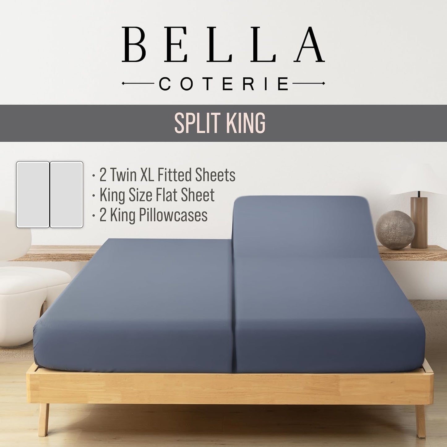 Bella Coterie Luxury Bamboo Viscose Split King Size Sheet Set | 2 Fitted Sheets for Sleep Number & Adjustable Beds | 100% Organically Grown | Cooling & Ultra Soft | 18” Deep Pocket [Slate Blue]