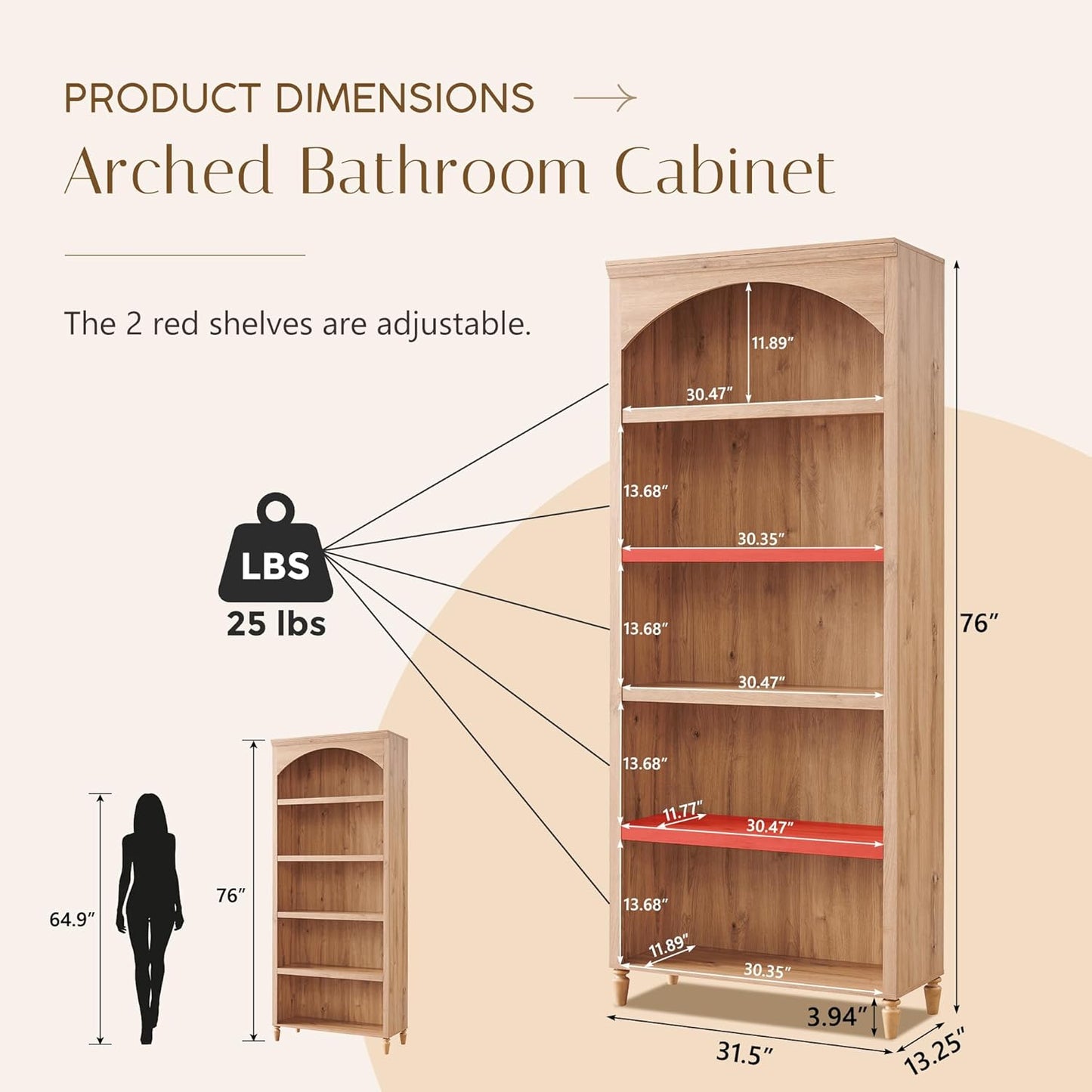 76" Tall Arched Bathroom Storage Cabinet, 5 Tiers Large Farmhouse Arched Cabinet w/Adjustable Shelves, Modern Wooden Storage Cabinet for Bathroom, Living Room, Entryway, Study Room (Natural)