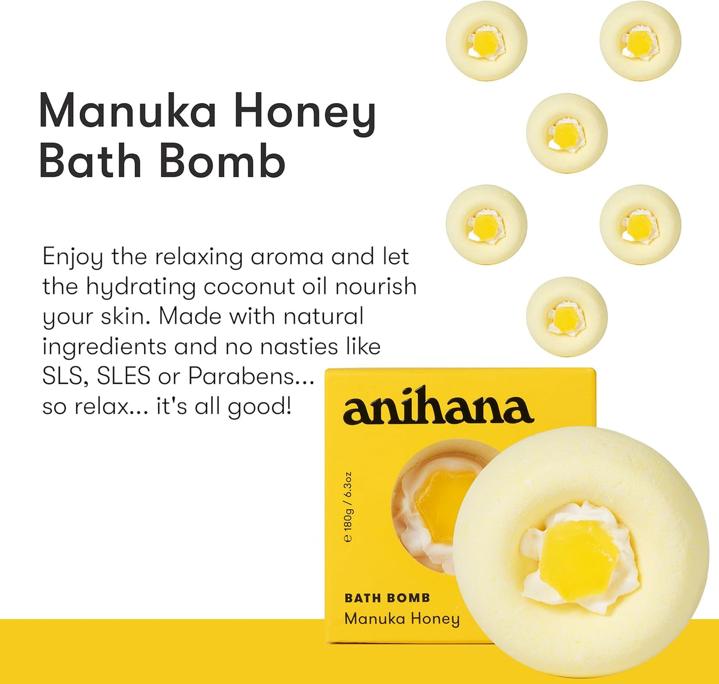 ANIHANA Bath Bomb with Coconut Oil, Paraben Free, Hand-Crafted Luxury Fizzers, Refreshing Manuka Honey Scent, 6.3 oz