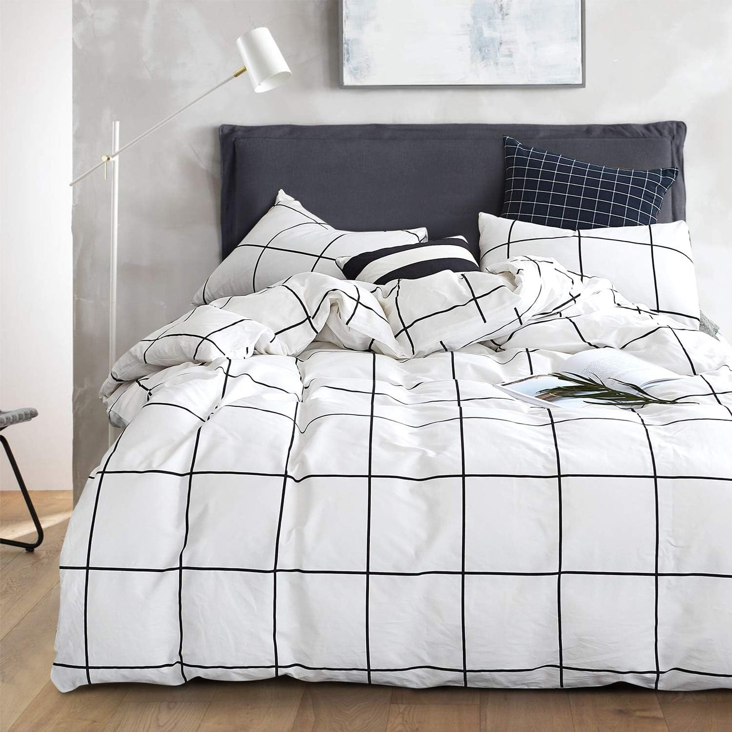 KAREVER White Grid Comforter Set Big Grid Bedding Set King White Black Plaid Printed Stripes Women Checkered Comforters Bedding White Plaid King Comforter