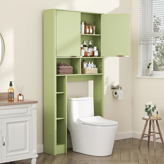 31" W Over The Toilet Storage Cabinet with Fluted Door, Green Bathroom Organizer with Adjustable Shelf, Natural Toilet Paper Holder Stand Wave Door for Restroom, Laundry Room