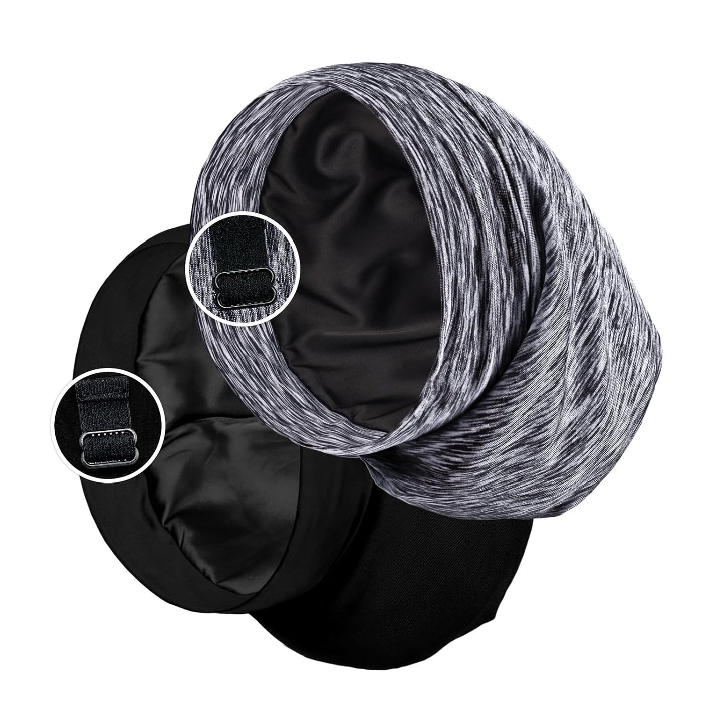 Satin Lined Sleep Cap Bonnet for Curly Hair and Braids, Stay On All Night Hair Wrap with Adjustable Strap for Women and Men, Black and Grey, Pack of 2