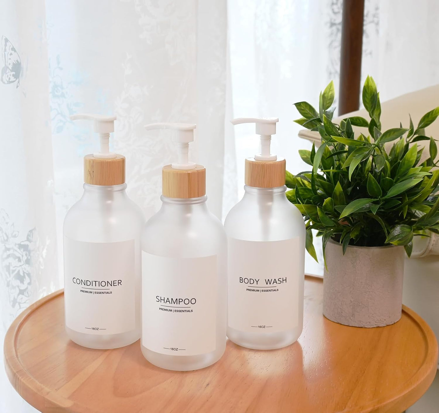 Frosted Plastic Shampoo and Conditioner Bottles, Apothecary Dispenser Bamboo Pump, Refillable Bottles for Shower Lotion, Oil, Hand Soap, Sanitizer, Liquid Soap, Set of 3 with 9 Labels (6, Matte Clear)