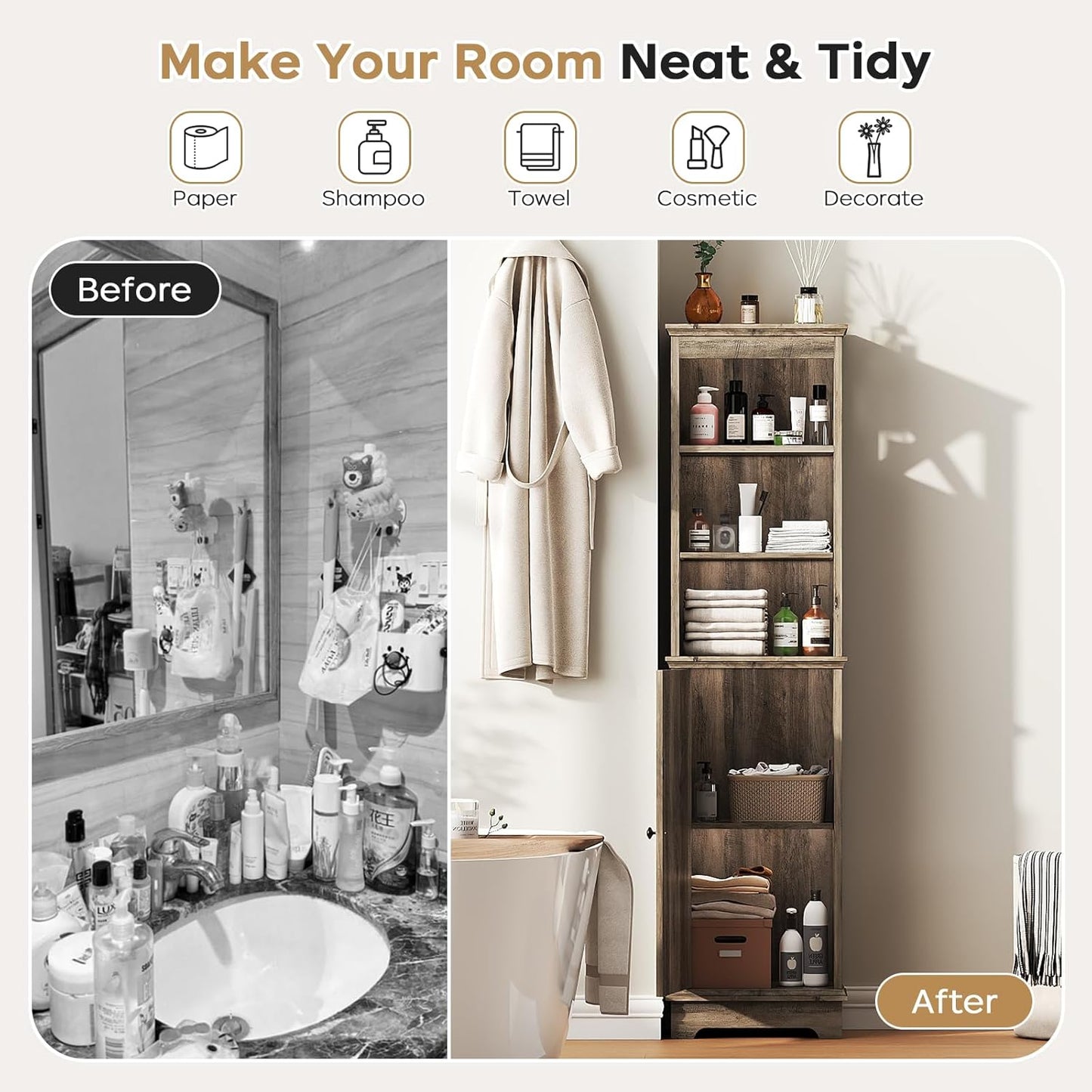 Tall Bathroom Storage Cabinet with Door and Open Adjustable Shelves, 60.9" H Wooden Tower Corner Narrow Farmhouse Cabinet, Freestanding Organizer for Kitchen, Entryway Grey