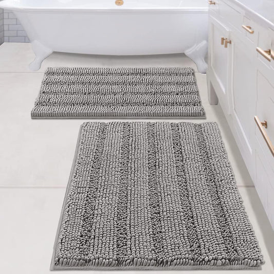 H.VERSAILTEX 2 Piece Bathroom Set - Super Absorbent Chenille Striped Bath Mats, Non Skid, Machine Washable (Dove Grey, 24 x 36 Plus 20 x 32 - Inches)