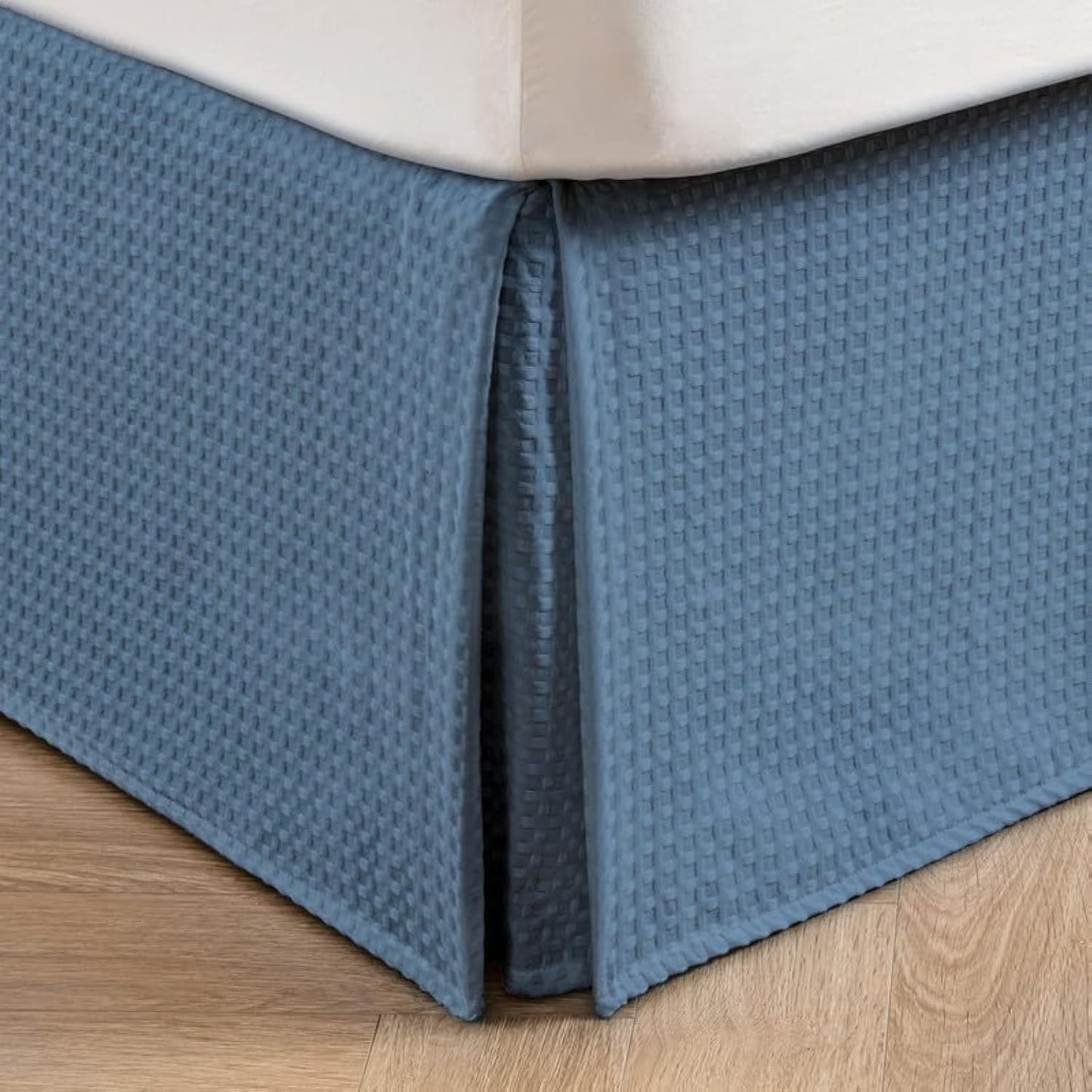 MIYE Pleated Waffle Weave Bed Skirt, Tailored Dust Ruffle 14 Inch Drop Easy Fit, Machine Washable (Blue, Queen - 14" Drop)