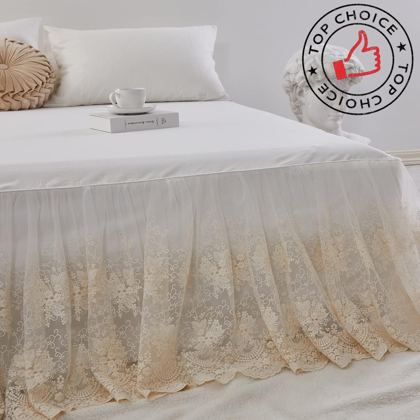 Brandream Lace Bed Skirt Queen Size Cream White 18 Inch Drop Romantic Dust Ruffle Split Corners Bed Sheets Cover Excellent Quality