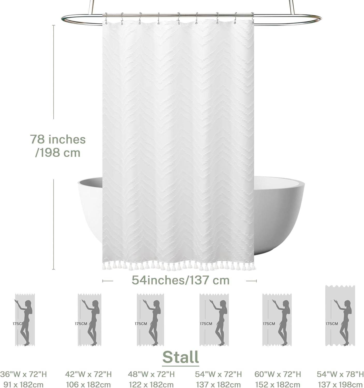 Boho Shower Curtain White Tassel Woven Fabric Shower Curtain 54 x 78 Modern Farmhouse Textured Tufted Chevron Striped Minimalist for Bathroom, Closet Door