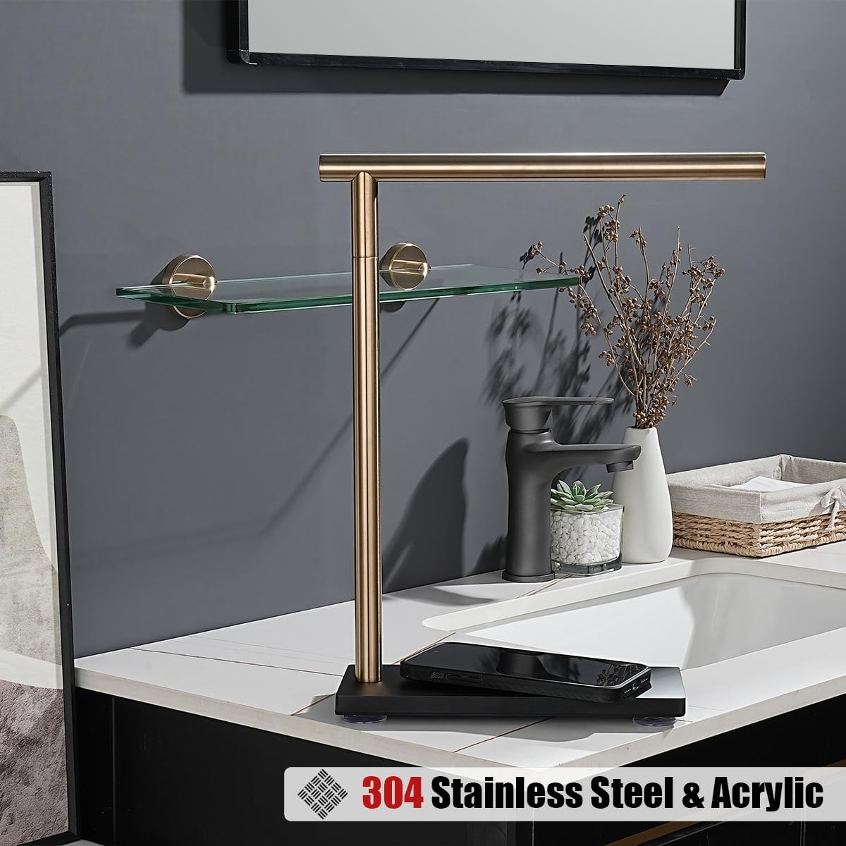 JQK Hand Towel Holder Stand Champagne Bronze, Modern Tree Rack Free Standing for Countertop with 12 Inch Bar, 304 Stainless Steel Thicken 0.8mm, HTT170-CB