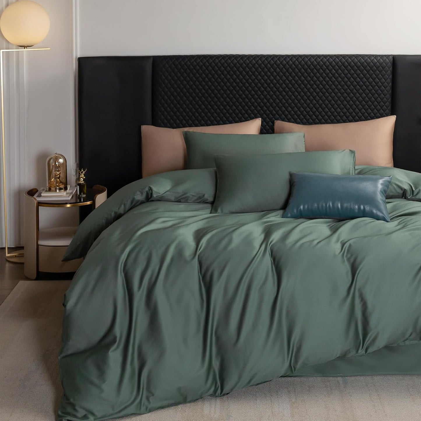 MooMee Queen Duvet Cover Set, 100% Extra Long Staple Cotton 600 Thread Count Sateen Silky Soft Breathable Durable Luxury Hotel Quality Bedding Set, 3 Pieces (Dark Green, Queen 90"x90")