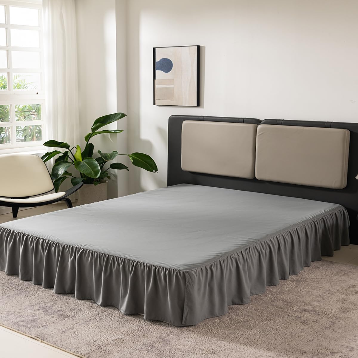 Grey Bed Skirt Queen Size Ruffled Bed Skirt with Split Corners, Queen Bed Skirt 18 Inch Drop, TSUTOMI Queen Size Bed Skirt Grey for Ruffled Bed Skirt with Split Corners, Bed Skirt Queen Size