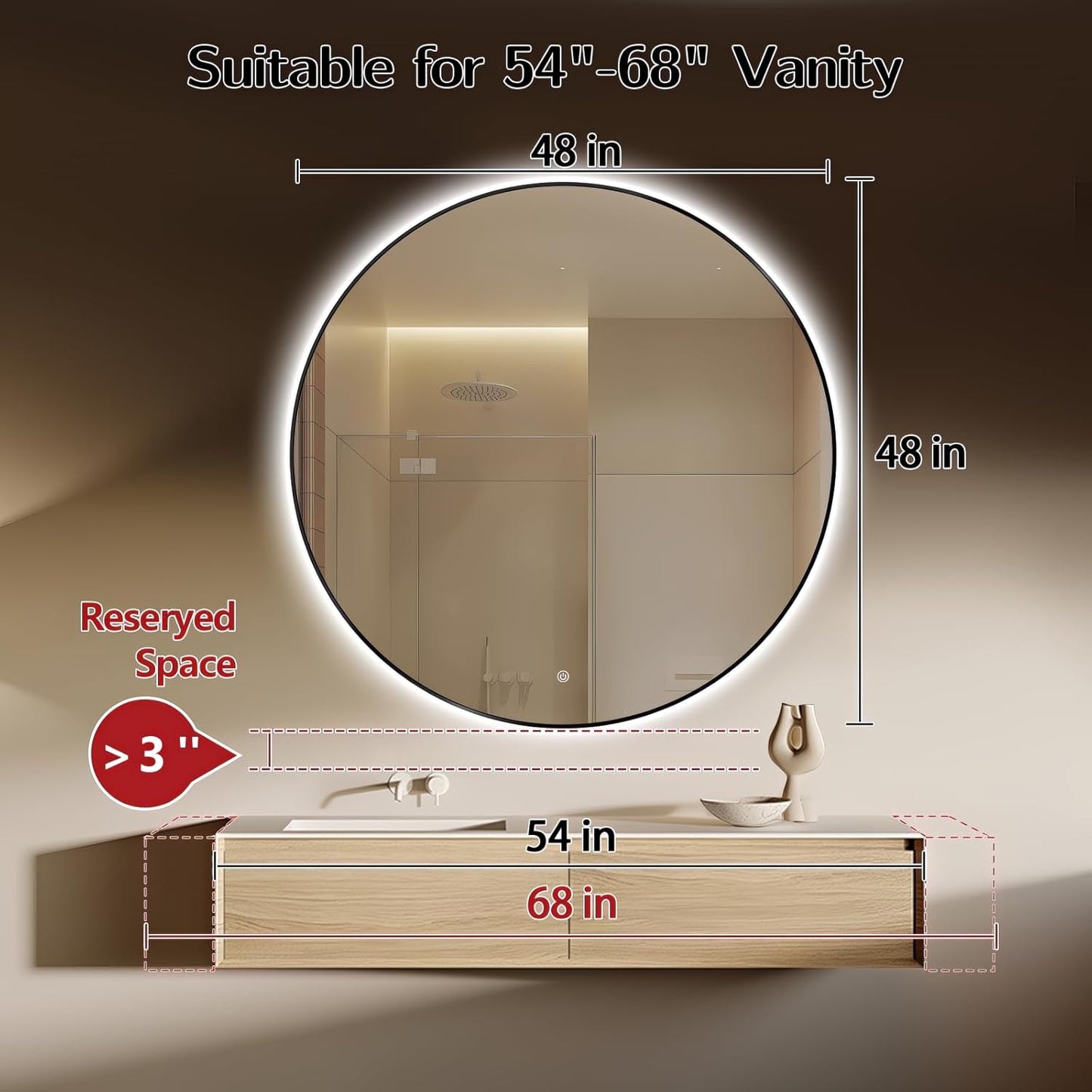 Niccy 48" LED Backlit Round Mirror for Bathroom, Black Framed Vanity Light Wall Mirror LED Smart Circle Mirrors with 3 Lighting Colors, Dimmable Lighted Mirror with Anti-Fog, IP65 Waterproof