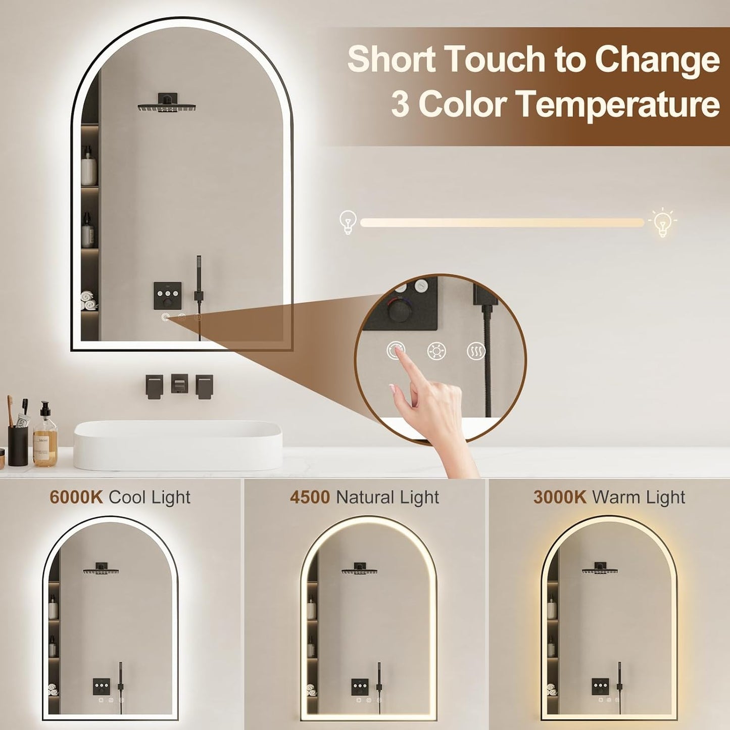 Arched LED Bathroom Mirror 24"x36", Black Bathroom Mirror with Lights-Anti-Fog, Dimmable-LED Mirror for Bathroom,3 Colors