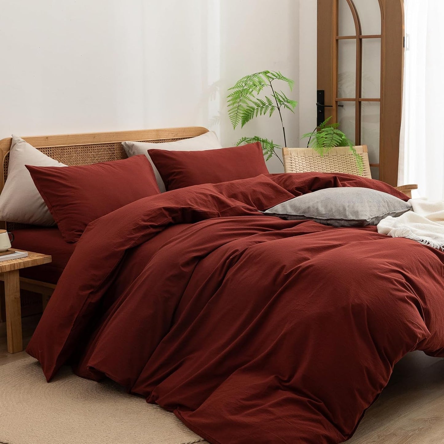 BESTOUCH Duvet Cover Set 100% Washed Cotton Linen Feel Super Soft Comfortable Chic Lightweight 3 PCs Home Bedding Set Solid Fired Brick Red Full/Double