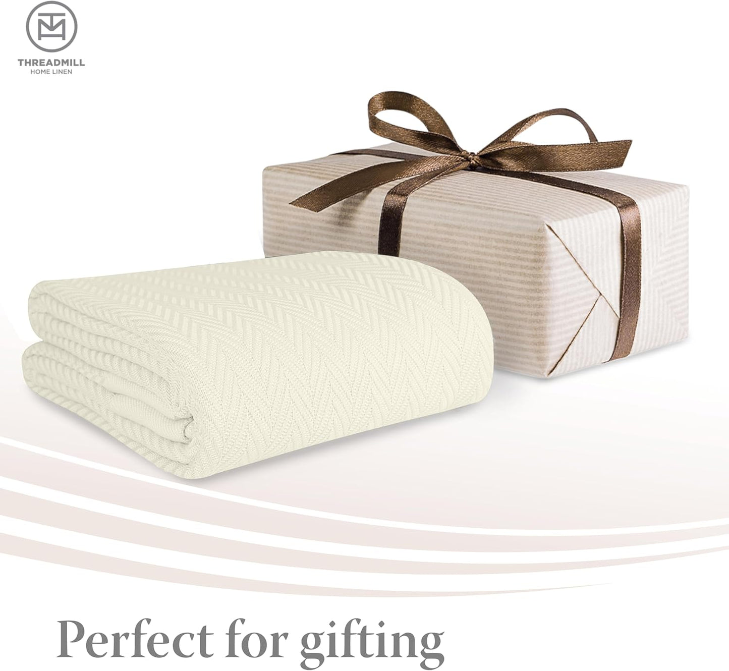 Threadmill Luxury Cotton Blankets for Twin Size Bed | All-Season 100% Cotton Twin Blanket for Bed | Herringbone Soft & Cozy Fall Thermal Blanket, 350GSM, 68x92 inches | Tusk White