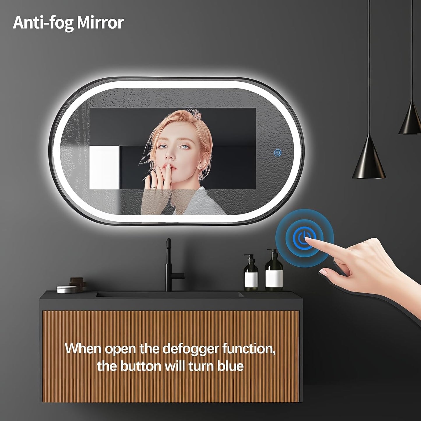 Oval LED Bathroom Mirror, 40"x24" Lighted Wall Mounted Vanity Mirror with Metal Frame, Anti-Fog IP66 Waterproof Smart Mirror, Memory Function, (Horizontal or Vertical), Black