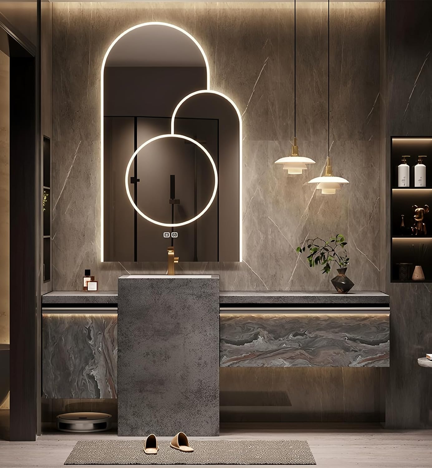 Single Sink Freestanding Bath Vanity, Modern Bath Vanity with LED Smart Mirror, 76IN Solid Wood Floating Bathroom Sink Cabinet with Marble Slate Top and Large Storage Drawer