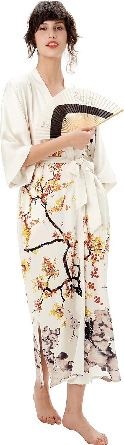 PRODESIGN Kimono Robe for Women - Long Satin Sleepwear Silky Kimono Cover-Up Nightgown Japanese Bathrobe Loungewear Blouse