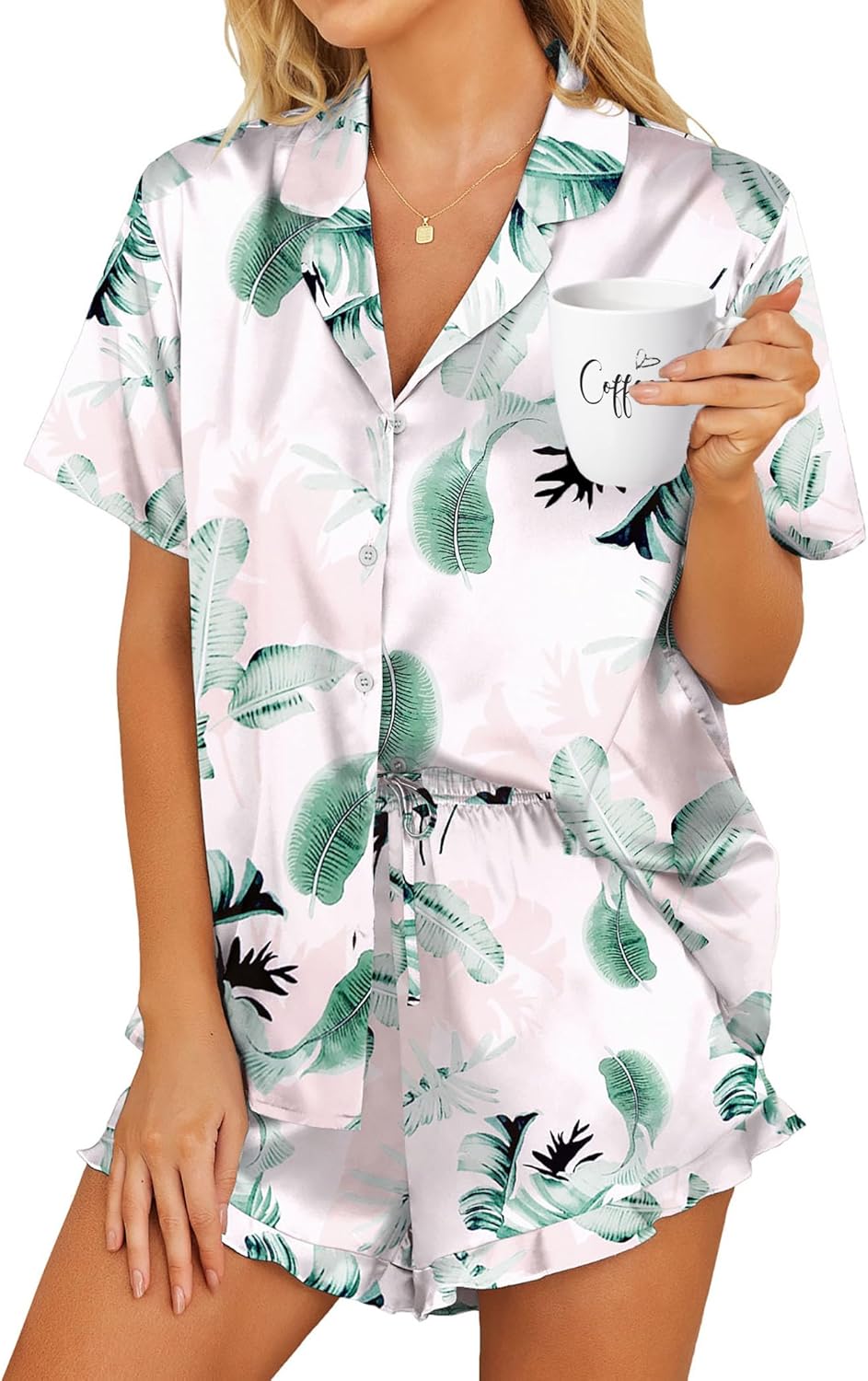 HOTOUCH Womens Satin Pajamas Set Button Down 2 Piece Silk Pjs Shorts Set Ruffle Lingerie Notch Collar Sleepwear
