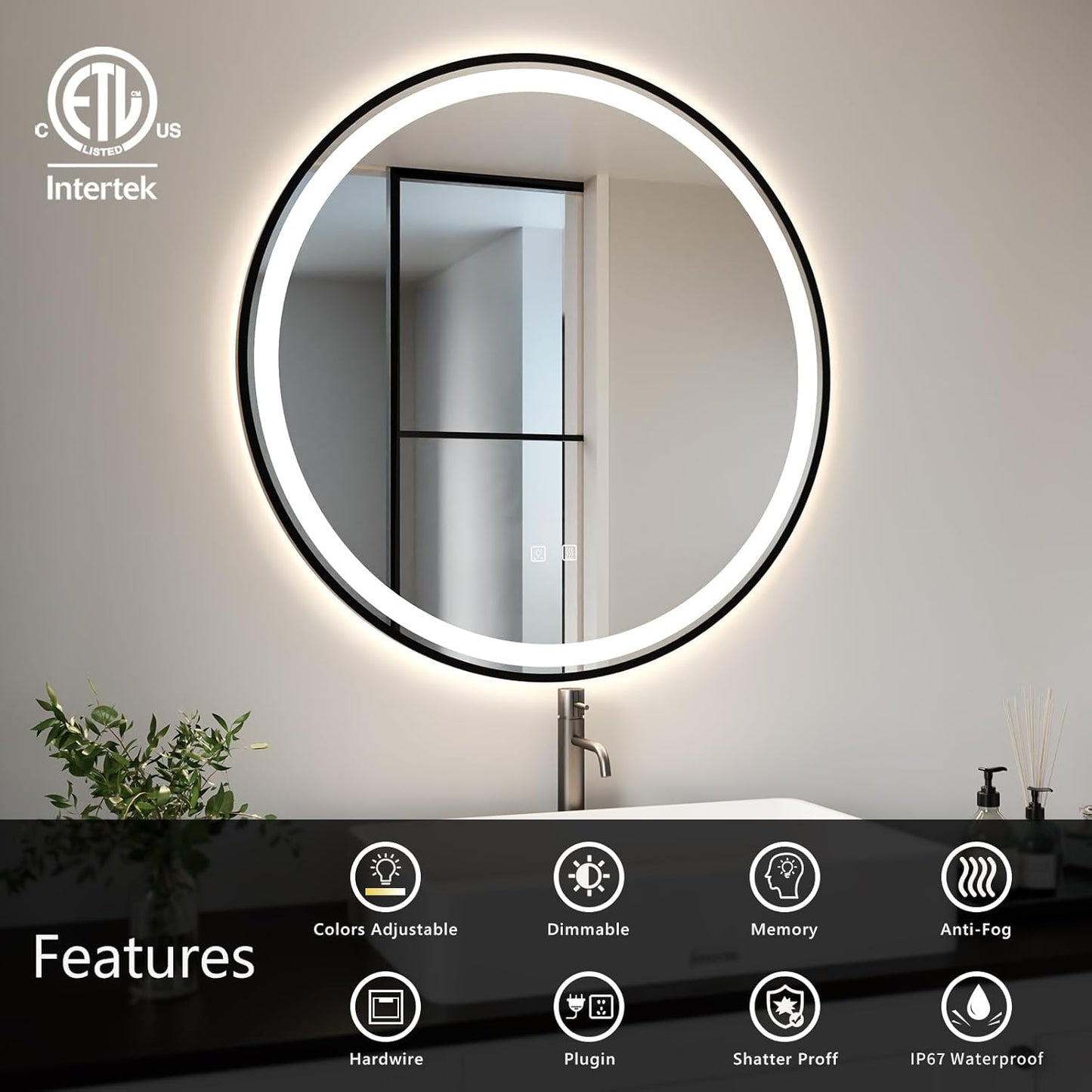 APRILSOUL 28 Inch Round Aluminum Framed LED Bathroom Mirror with Lights, Makeup Mirror with Front and Backlit, Anti-Fog, 3 Colors and Dimmable Light