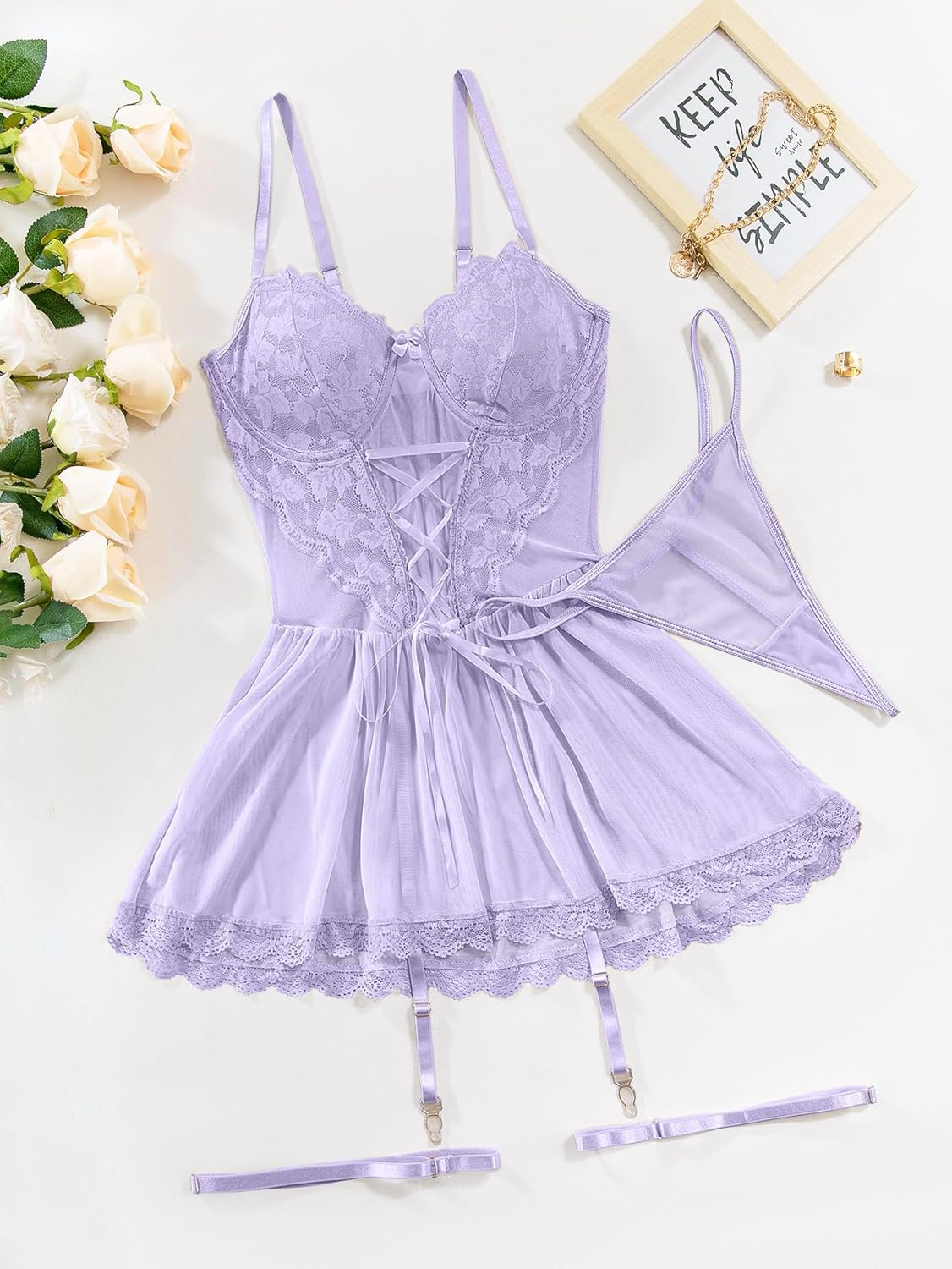 Lilosy Sexy Garter Belt Mesh Lace Babydoll Lingerie Dress Set with Thong