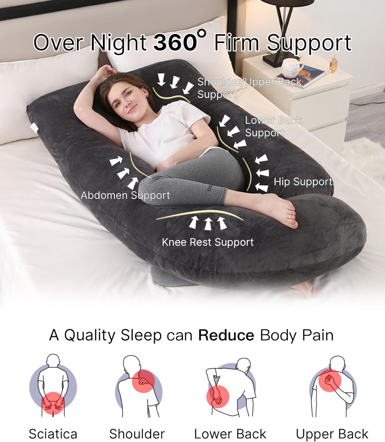 ALLOPERA Pregnancy Pillow, Full Body 57 Inch Maternity Pillow with Removable Washable Cover - Sleep Support for Legs, Back, Neck, Shoulder, HIPS, Belly for Pregnent Women, Black Grey Velvet Cover