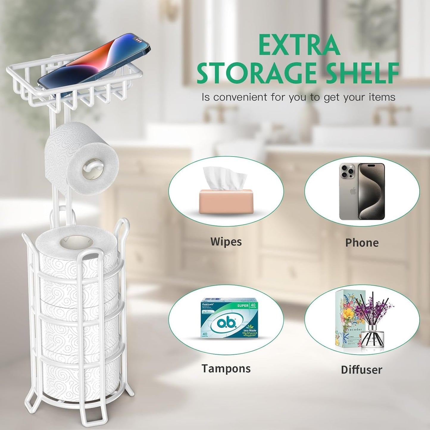 TomCare Toilet Paper Holder Stand with Shelf 4 Raised Feet Upgraded Free Standing Toilet Paper Roll Storage with Tissue Paper Dispenser Metal Bathroom Storage Organization (White)