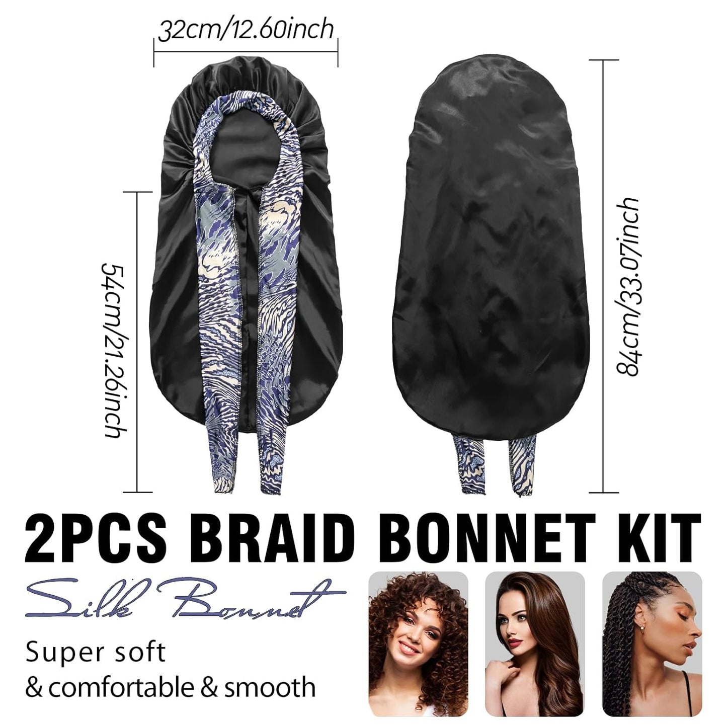 2Pcs Bonnets for Women Sleeping Braid Bonnet, Large Long Satin Silk Bonnet for Braids, Black Women Braid Bonnets with Stretchy Tie Band for Sleeping Extra Long (Pink &Black Pattern)