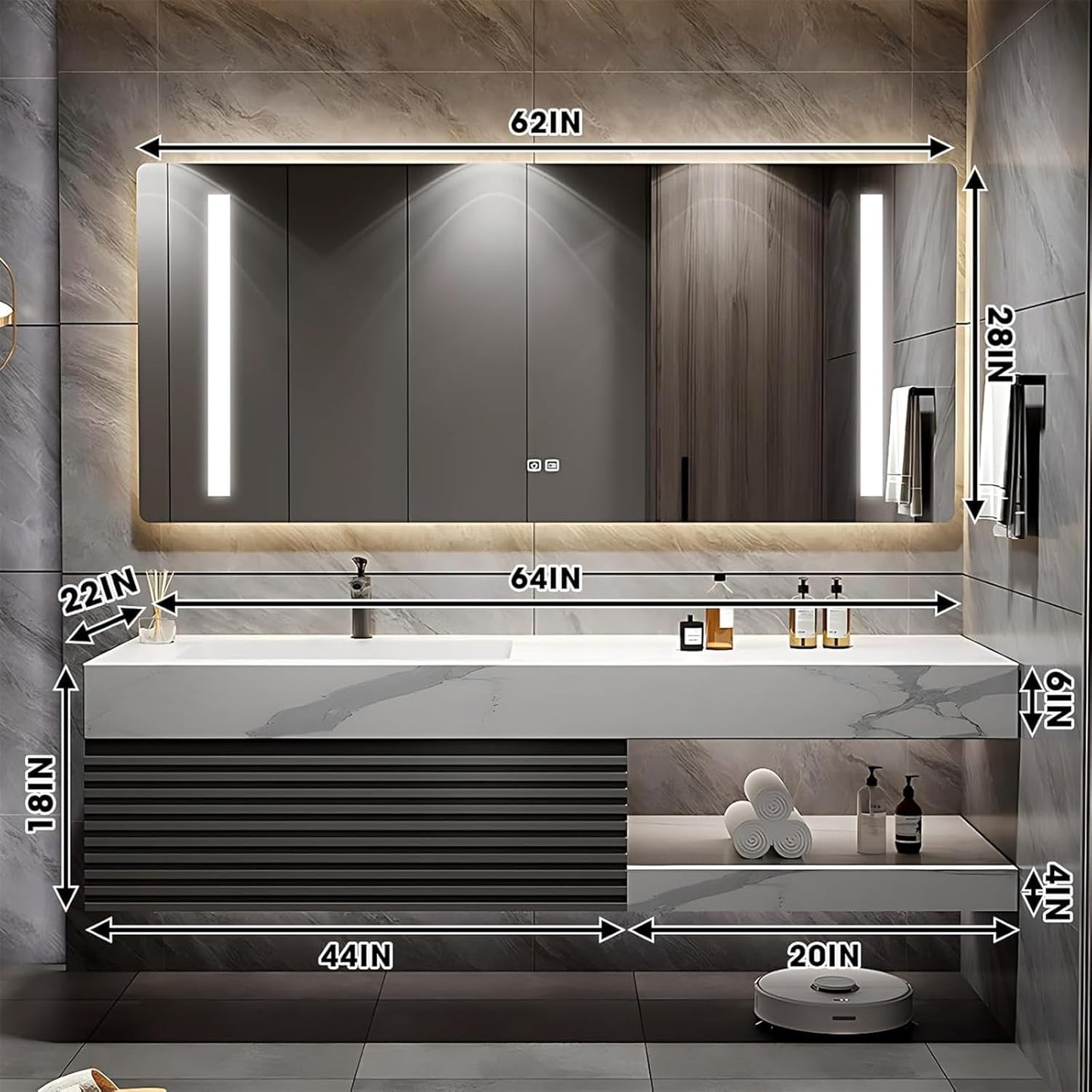 Bathroom Vanity 64 inch, Single Sink Floating Vanity Set Includes Anti-Fog LED Mirror Cabinet, Slate Countertop and Wall-Mount Sink Cabinet, Modern Bathroom Vanities(Greyish Black)