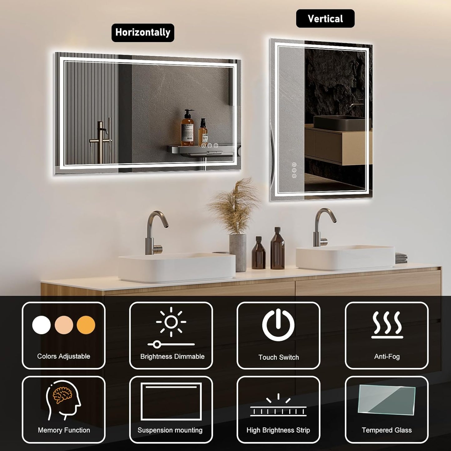 24x36 Inch LED Bathroom Mirror with Frontlit & Backlit（Independent Control）, Lighted Mirror for Bathroom Wall with 3-Color Dimmable & Anti-Fog, Vanity Mirror with Lights