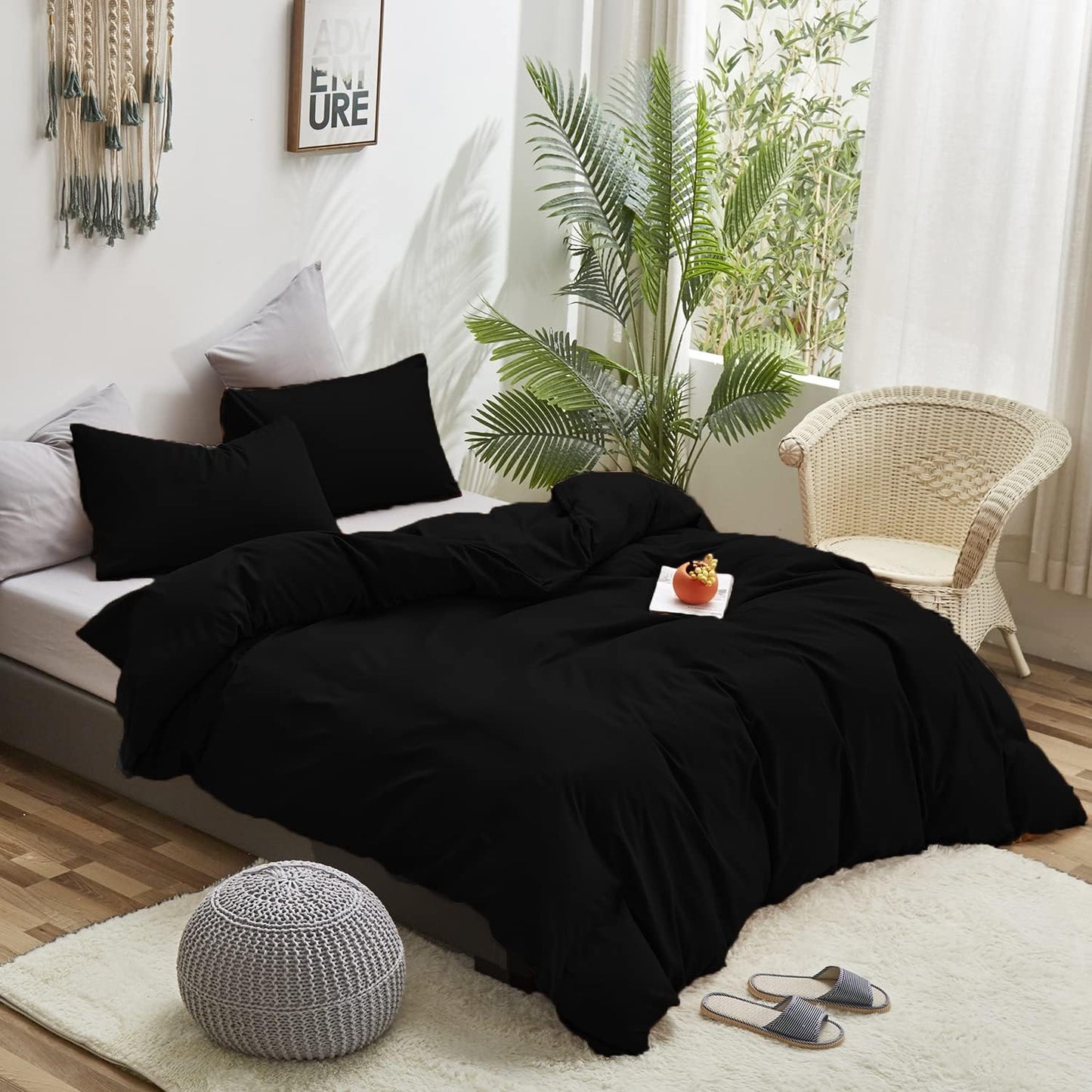 Cottonight Black Comforter Set King Men Women All Black Bedding Set Blanket Quilts Solid Fuzzy Modern Gothic Cozy Dark Color Comforter Set for King Bed Women Men