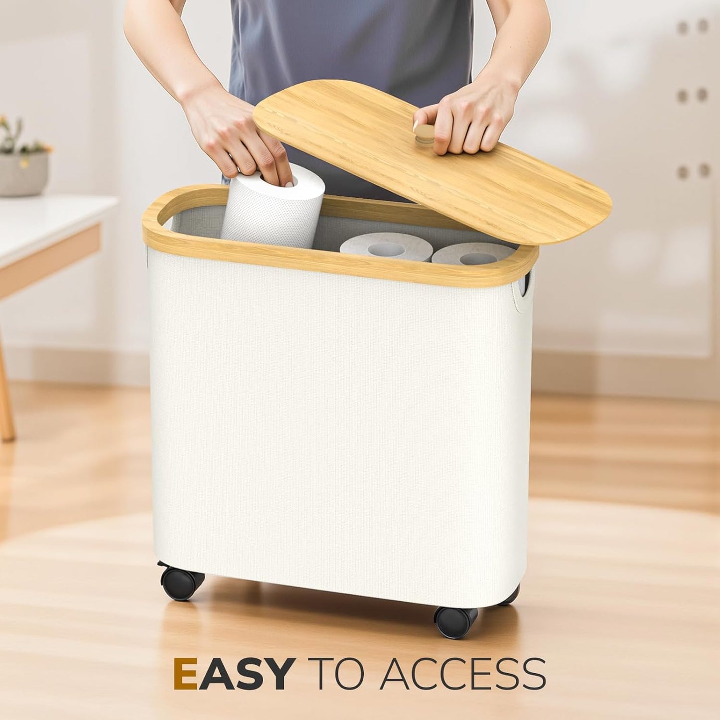 Toilet Paper Storage with Wheel Bamboo Toilet Paper Holder with Lid and Handle Toilet Papers Organizer for Bathroom Free Standing 30L Papers Basket for 9-12 Rolls Bathroom Accessories, Beige