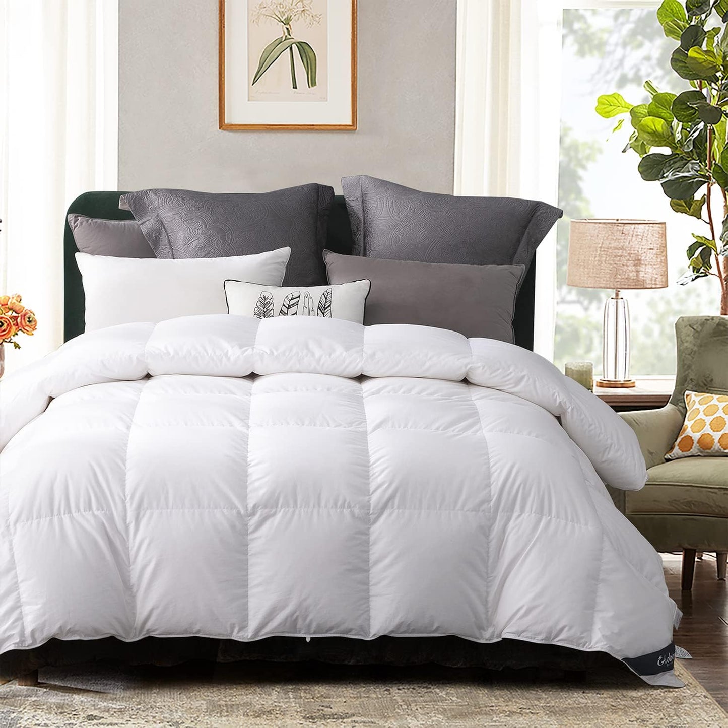 Globon Goose Down Comforter Queen Size All Season Down Duvet Insert,400 Thread Count Ultra Soft Noiseless Shell,800 Fill Power with Corner Tabs,White